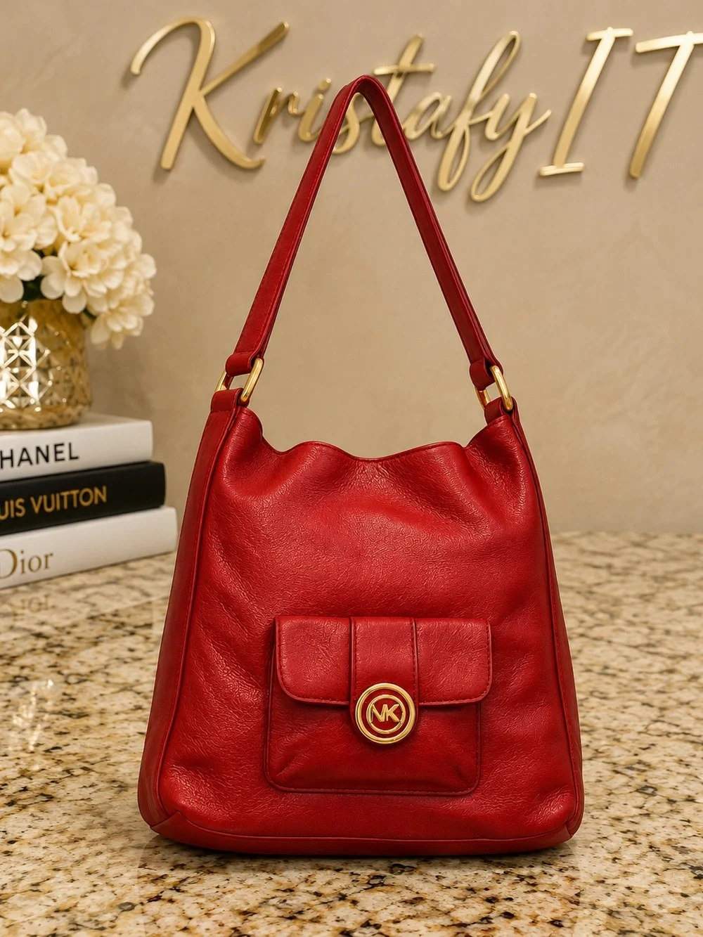 Michael Kors Red Pebbled Leather Slouchy Hobo Shoulder Bag Gold MK